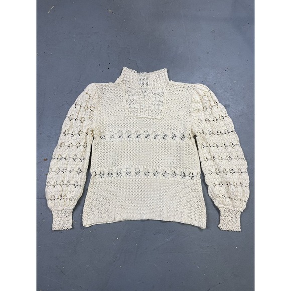Vintage 1960s Ivory Crochet Puff Sleeve Collared LS Top - Picture 7 of 9
